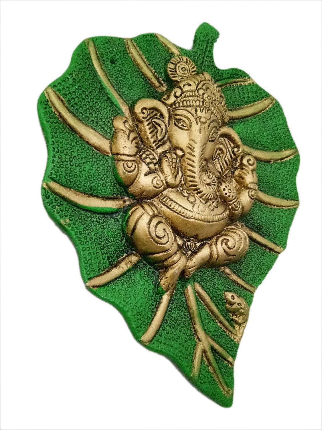 Metal Lord Ganesha On Leaf Wall Hanging (Multicolour, Medium), Figures,Religious - 19 Cm