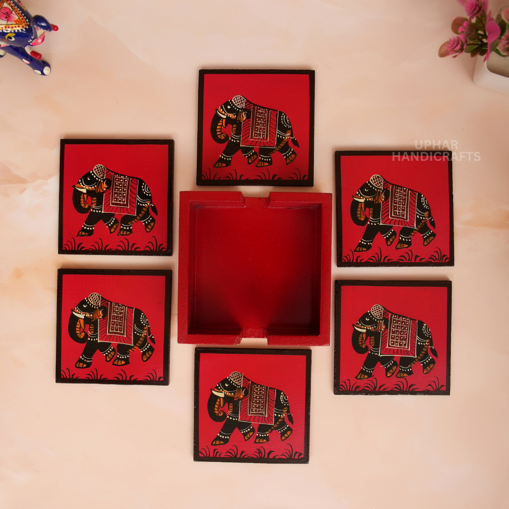 Hand-Painted Wooden Tea Coaster with Elephant Design