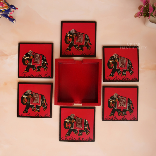 Hand-Painted Wooden Tea Coaster with Elephant Design