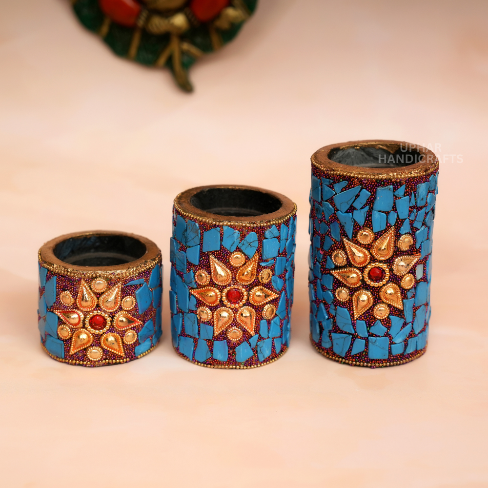 Blue Mosaic Tea Light Candle Holder Set of 3 Decorative Votive Candle Holders for Home Decor & Festive Lighting