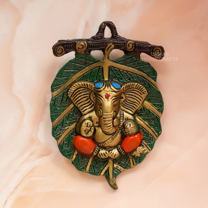 Metal Ganesh Decor Leaf Wall Hanging for Pooja Room or Entryway