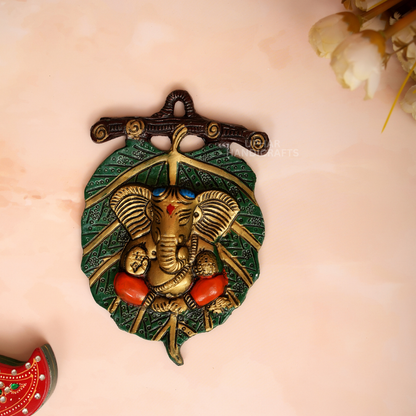 Metal Ganesh Decor Leaf Wall Hanging for Pooja Room or Entryway
