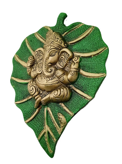 Metal Lord Ganesha On Leaf Wall Hanging (Multicolour, Medium), Figures,Religious - 19 Cm