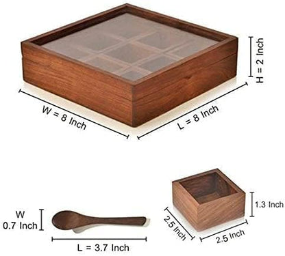 Handmade Wooden Spice Masala Box with Spoon