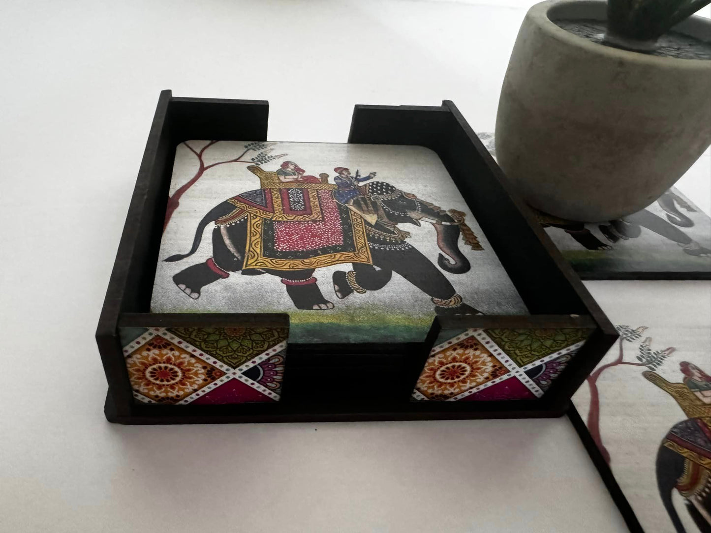 Handmade Elephant Print Wooden Coaster