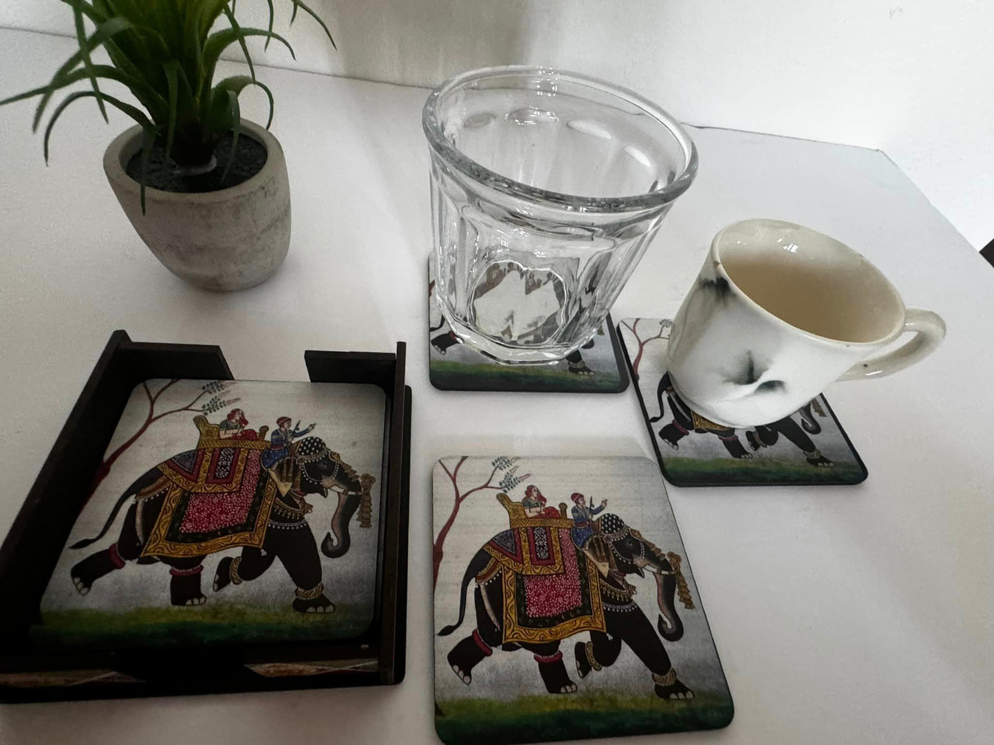 Handmade Elephant Print Wooden Coaster