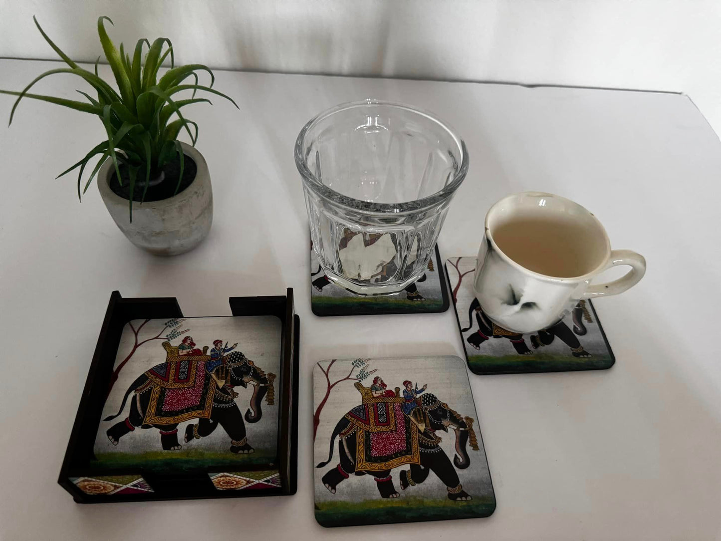 Handmade Elephant Print Wooden Coaster