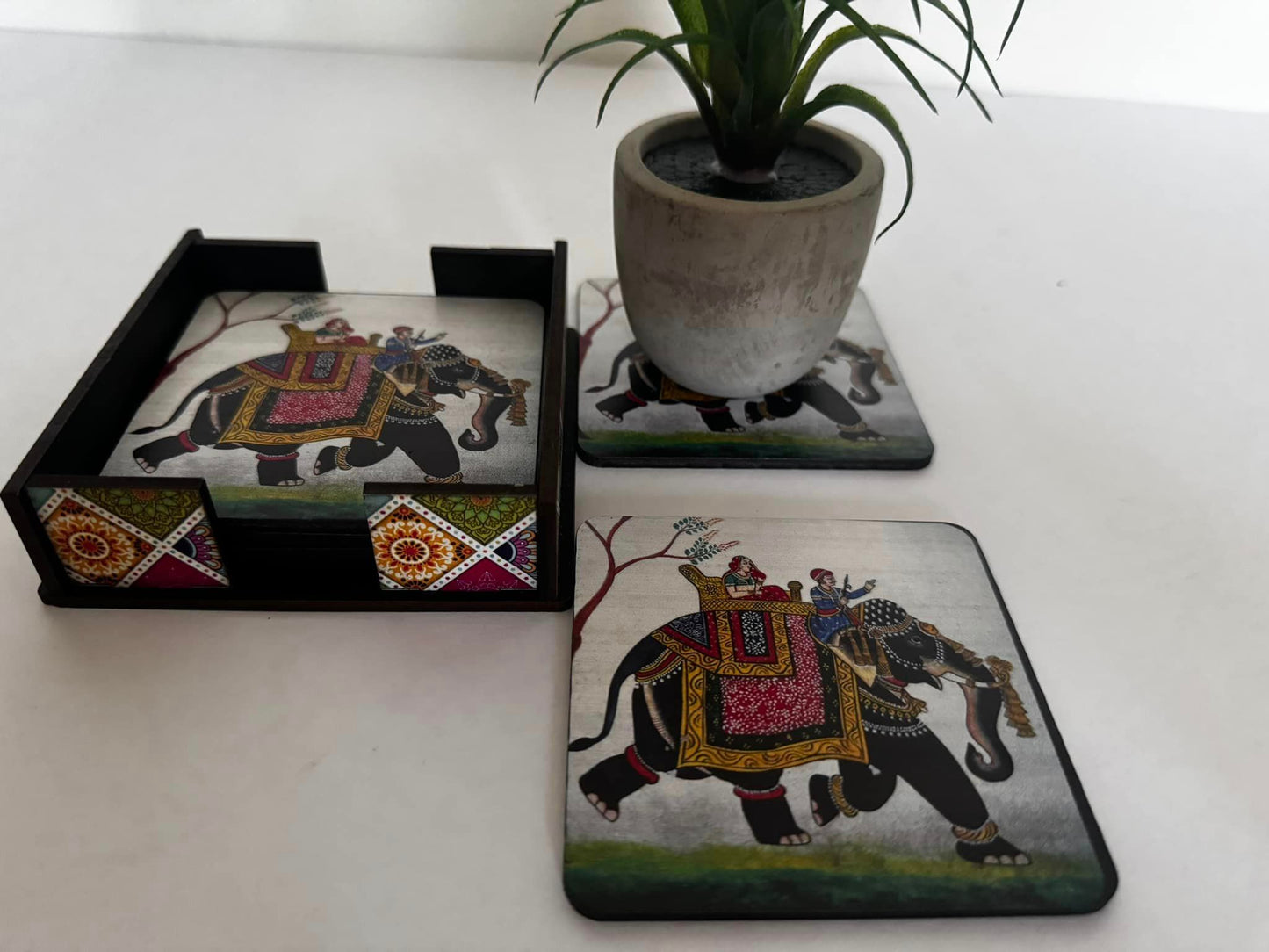 Handmade Elephant Print Wooden Coaster