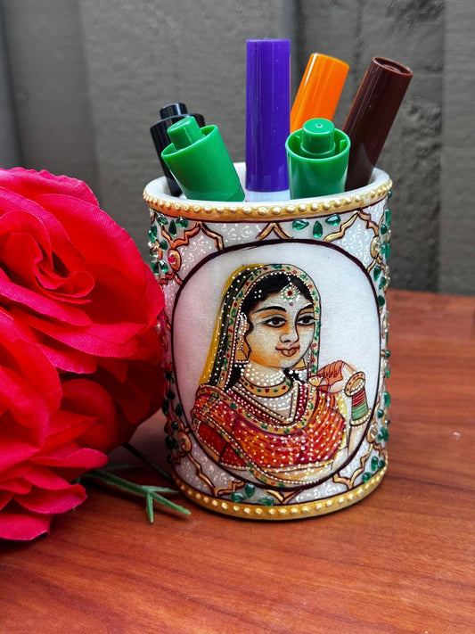 Marble Handcrafted Pen Holder with Rajasthani Meenakari