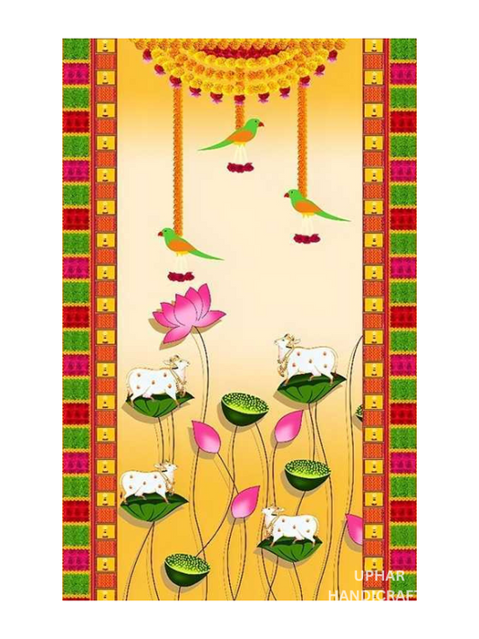 Cultural Cow & Lotus Theme Backdrop Traditional Indian Festival Backdrop for Puja & Celebrations