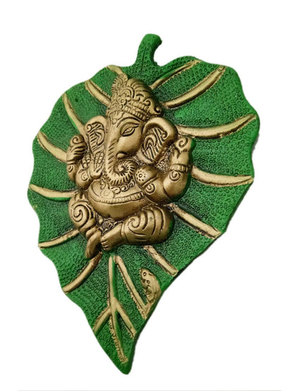 Metal Lord Ganesha On Leaf Wall Hanging (Multicolour, Medium), Figures,Religious - 19 Cm