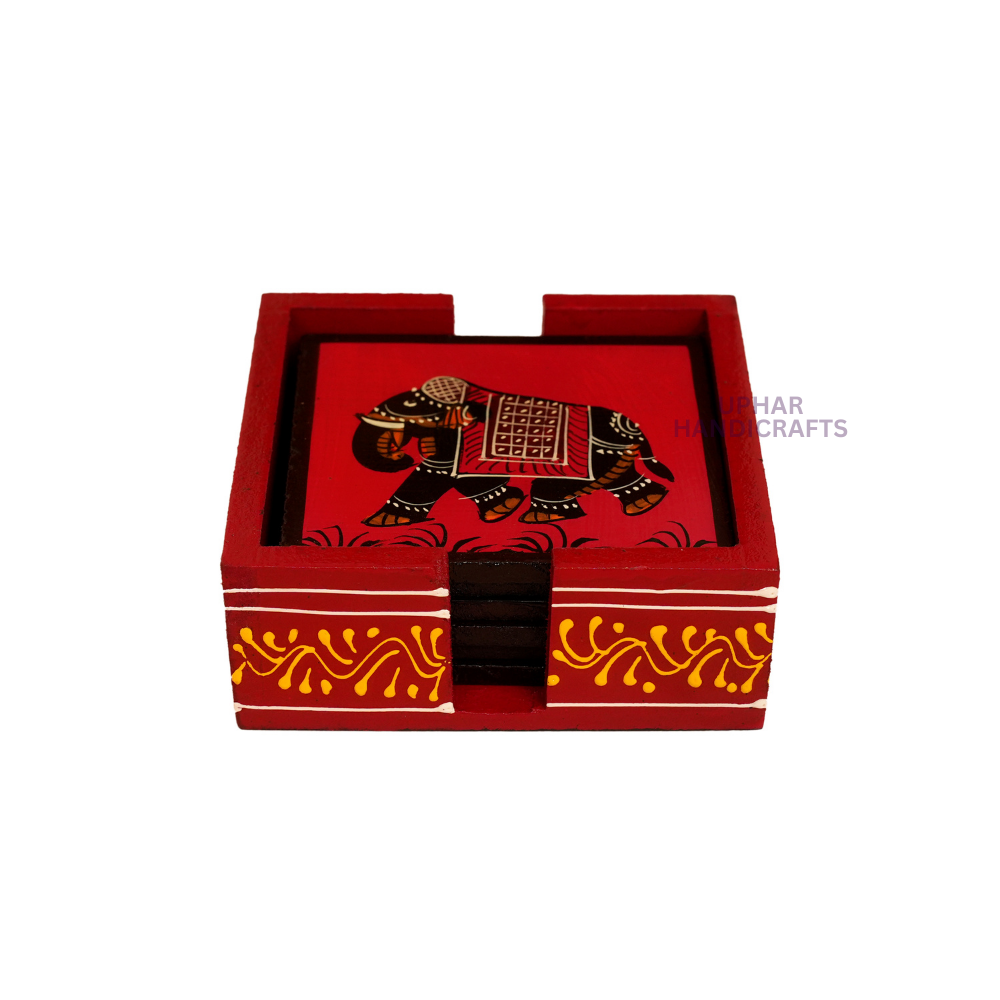 Hand-Painted Wooden Tea Coaster with Elephant Design