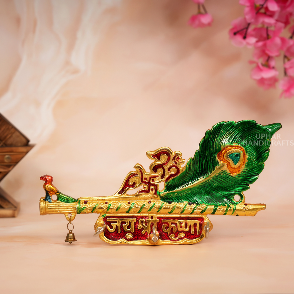 Krishna Flute Wall Key Holder Decorative Key Hanger for Entryway Peacock Feather Design Indian Wall Art