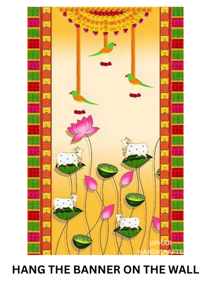 Cultural Cow & Lotus Theme Backdrop Traditional Indian Festival Backdrop for Puja & Celebrations