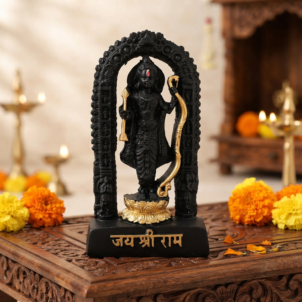 Seven-inch Ram Lalla idol
Black polyresin religious statue
Traditional Indian devotional decor
Ram Lalla for home altar
Religious gifting and home decoration
Uphar Handicrafts