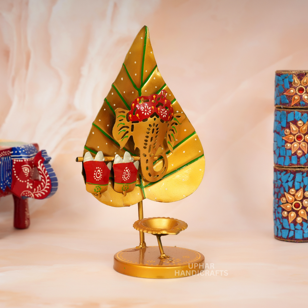 Lord Ganesh Pan Patta Tea Light Holder Handcrafted Metal Diya Stand for Diwali, Mandir & Festive Decor
