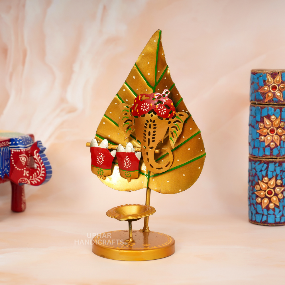 Lord Ganesh Pan Patta Tea Light Holder Handcrafted Metal Diya Stand for Diwali, Mandir & Festive Decor