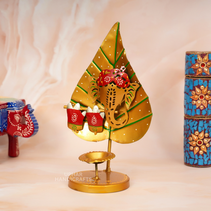 Lord Ganesh Pan Patta Tea Light Holder Handcrafted Metal Diya Stand for Diwali, Mandir & Festive Decor