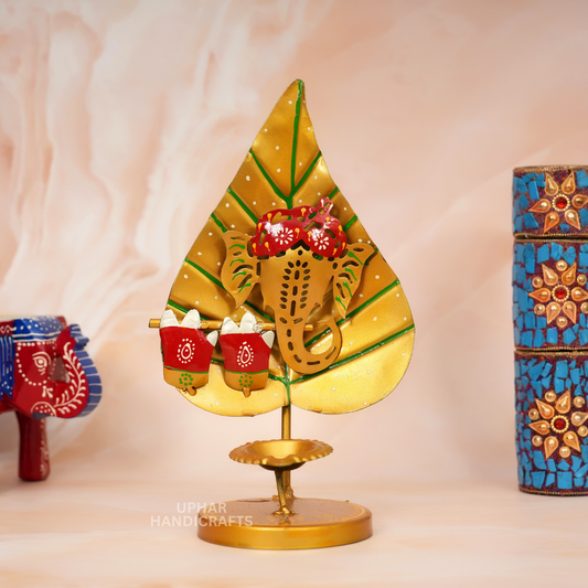 Lord Ganesh Pan Patta Tea Light Holder Handcrafted Metal Diya Stand for Diwali, Mandir & Festive Decor