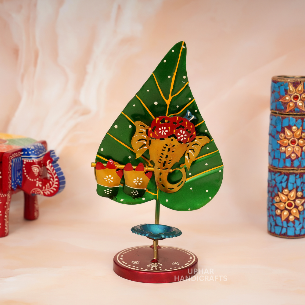 Ganesh Pan Patta Metal Tea Light Holder Handcrafted Diya Stand for Indian Home Decor & Diwali Gifting