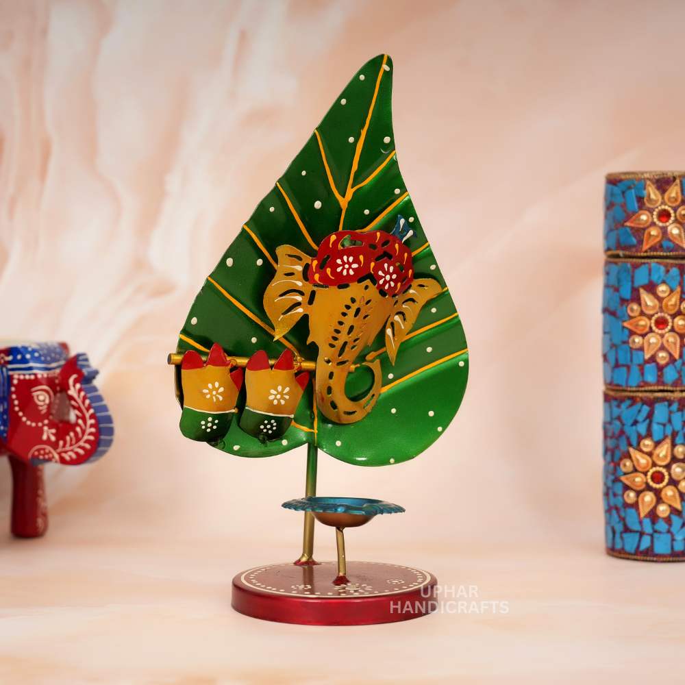 Ganesh Pan Patta Metal Tea Light Holder Handcrafted Diya Stand for Indian Home Decor & Diwali Gifting