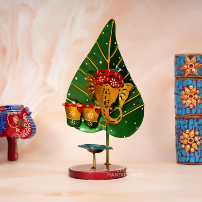 Ganesh Pan Patta Metal Tea Light Holder Handcrafted Diya Stand for Indian Home Decor & Diwali Gifting