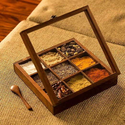 Handmade Wooden Spice Masala Box with Spoon