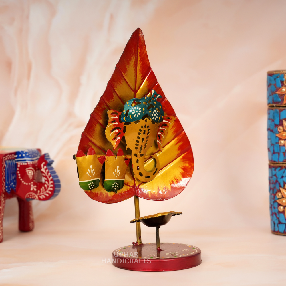 Lord Ganesh Pan Patta Metal Tea Light Holder Handcrafted Diya Stand Indian Festival & Pooja Decor