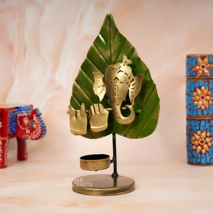 Ganesh Pan Patta Metal Tea Light Holder Antique Finish Diya Stand for Hindu Pooja & Home Decor