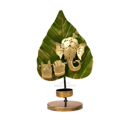 Ganesh Pan Patta Metal Tea Light Holder Antique Finish Diya Stand for Hindu Pooja & Home Decor