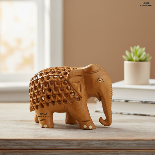 Wooden Elephant Sculpture with Baby Handcrafted Jali Carving Animal Figurine for Shelf & Table Decor