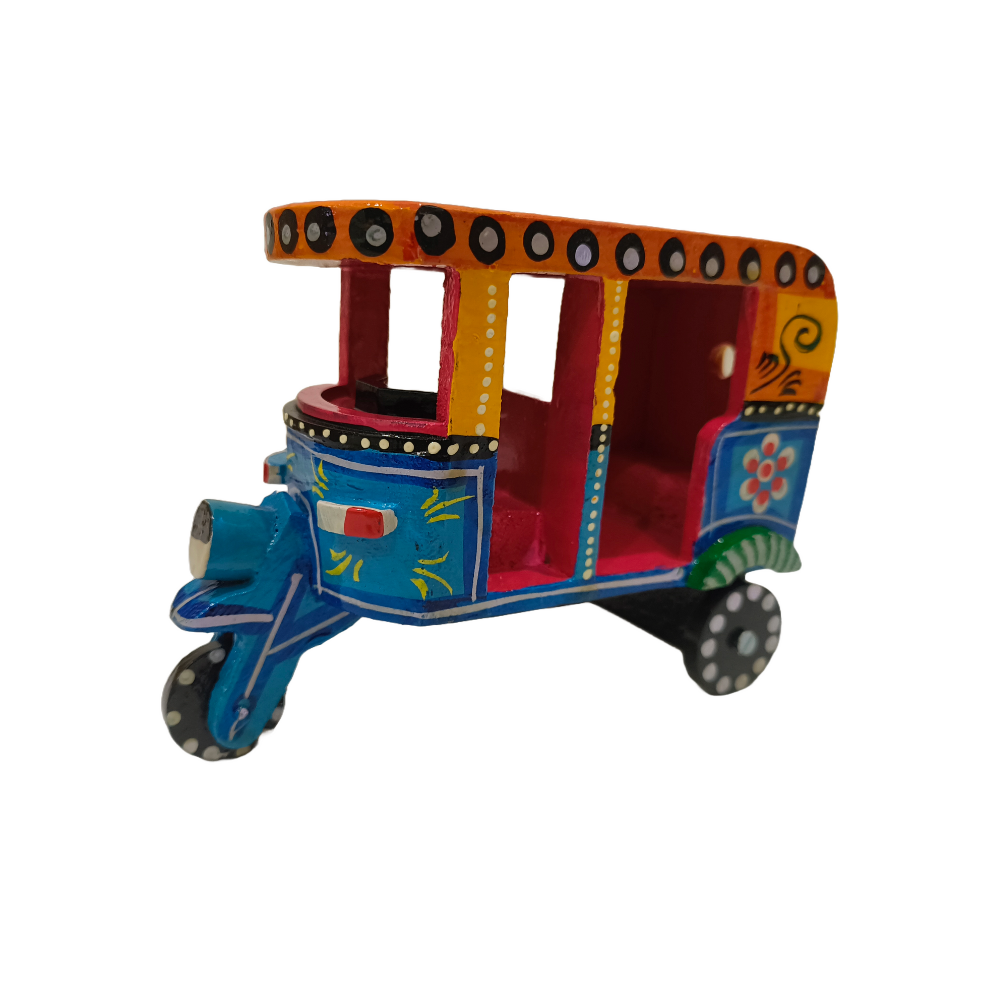 Vibrant Colourful Auto Rickshaw
Wooden Craft Decor
Handpainted with Design
Indian Folk Art