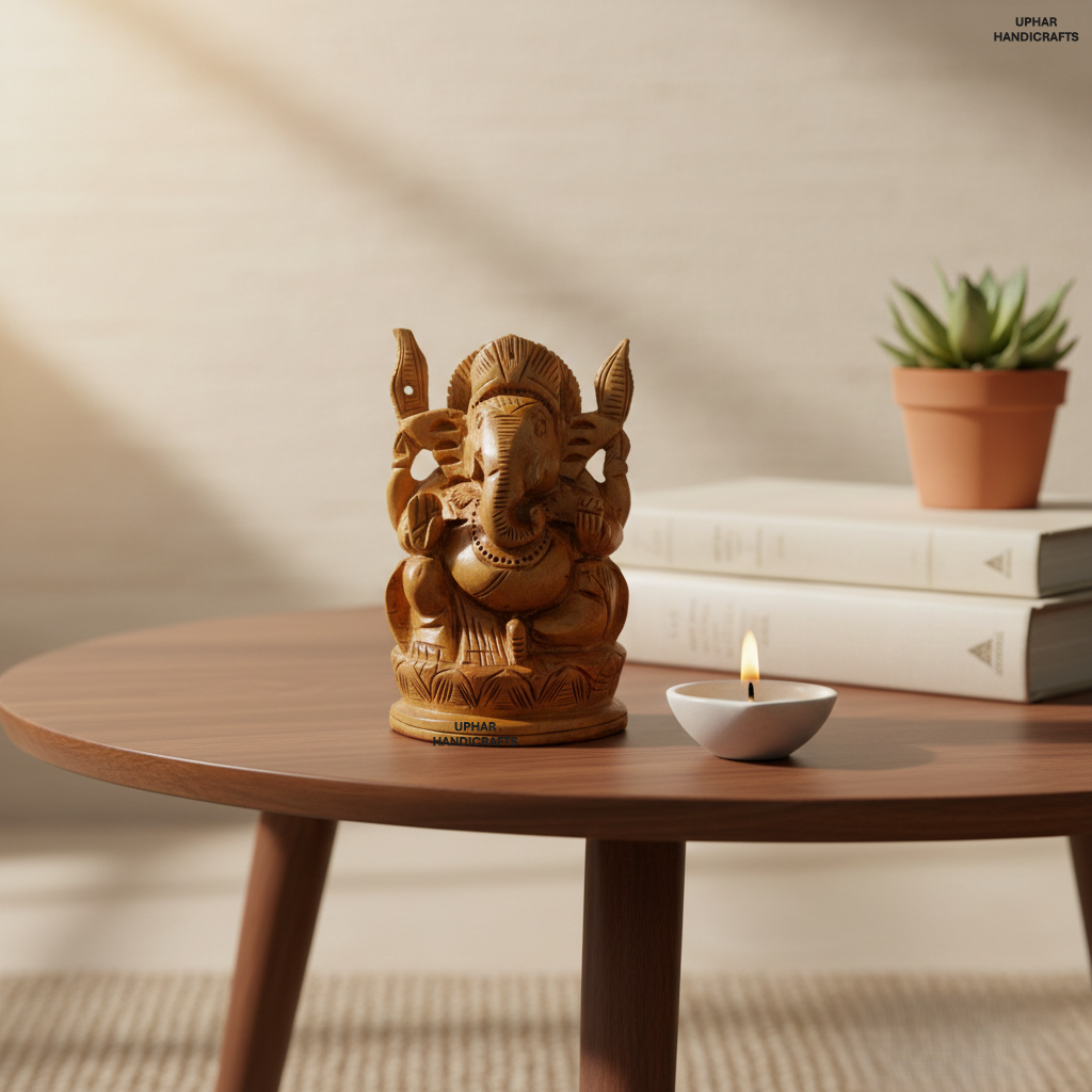 Hand-Carved Wooden Ganesh Statue 4 Inch Lord Ganesha Idol for Home Decor, Puja & Meditation