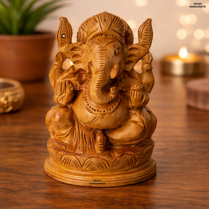 Hand-Carved Wooden Ganesh Statue 4 Inch Lord Ganesha Idol for Home Decor, Puja & Meditation