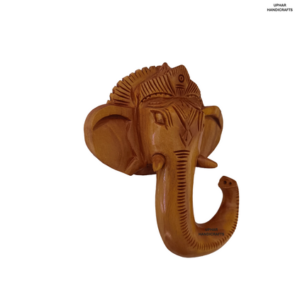 Hand-Carved Wooden Ganesh Face Wall Decor 4 Inch Lord Ganesha Head for Home & Office