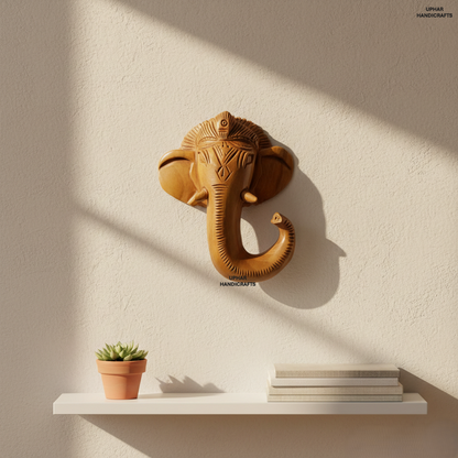 Hand-Carved Wooden Ganesh Face Wall Decor 4 Inch Lord Ganesha Head for Home & Office