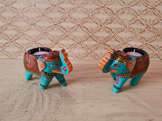 Hand Painted Wooden Elephant Tealight Candle Holder Indian Folk Art Home Décor Accent for Living Room, Patio, or Tabletop