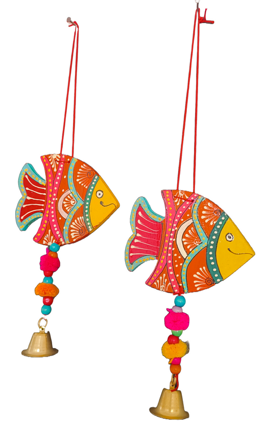 Colorful Hand Painted Wooden Fish Wall Hanging with Bells – Handcrafted Indian Boho Home Décor Accent