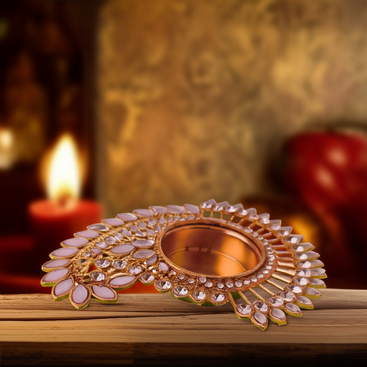 Kundan Work Tea Light Holder Decorative Indian Metal Diya for Festivals & Home Décor