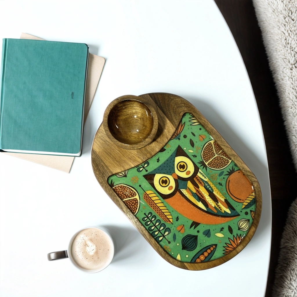 Wooden Hand Painted Tray with Bowl