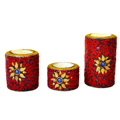 Wooden Tea Light Candle Holder Set of 3 Red