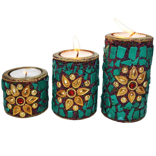 Wooden Tea Light Candle Holder Set of 3 Green