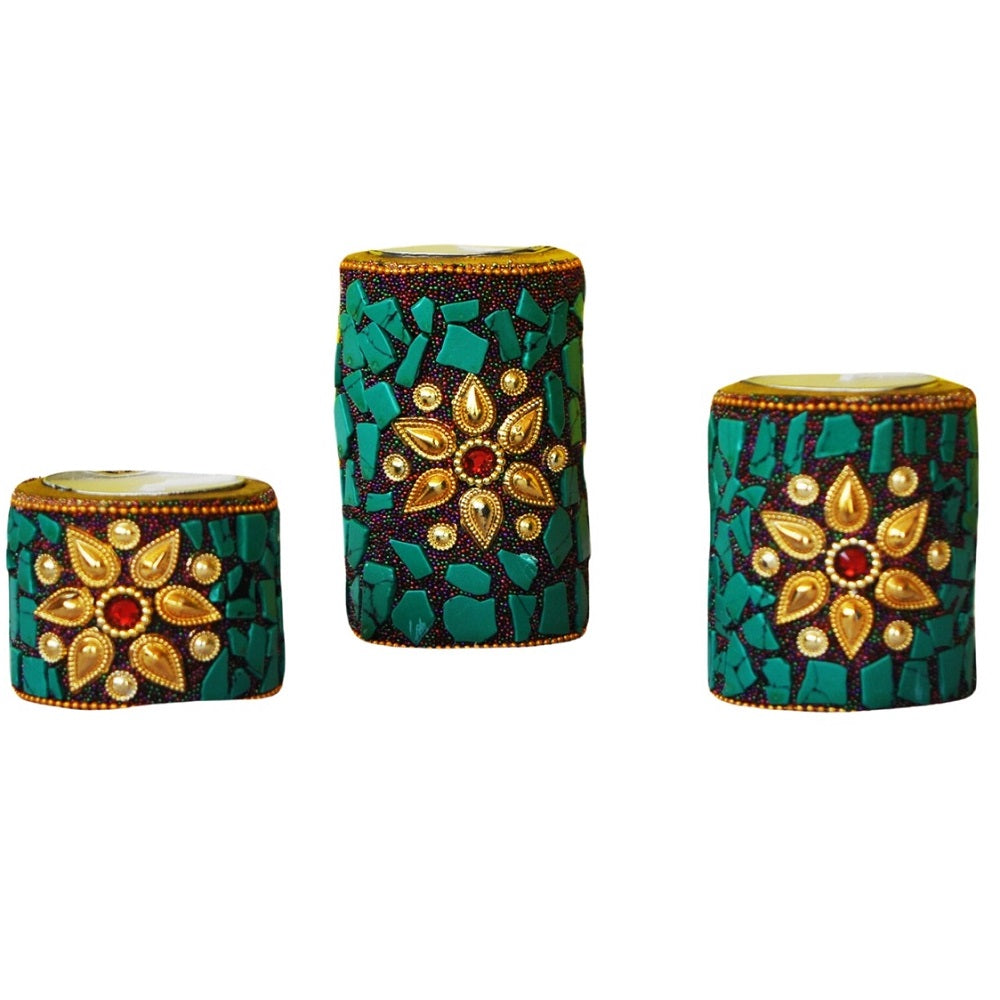 Wooden Tea Light Candle Holder Set of 3 Green