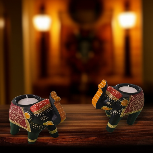 Hand Painted Wooden Elephant Tealight Candle Holder Elephant Home Décor Accent for Living Room, Meditation Space or Gifting