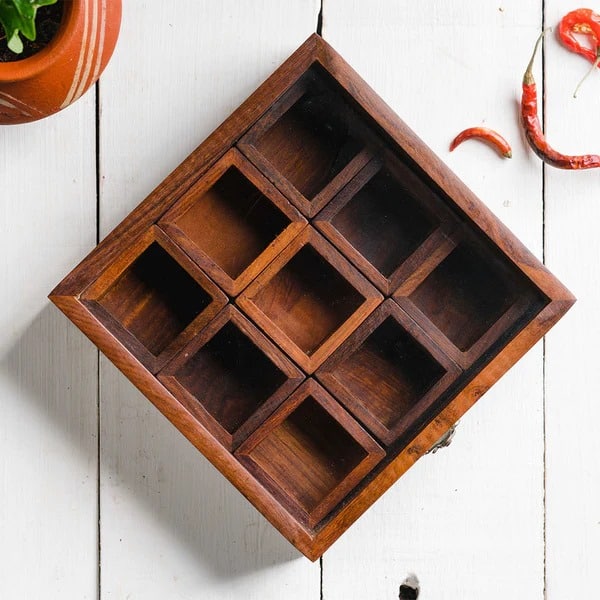 Handmade Wooden Spice Masala Box with Spoon