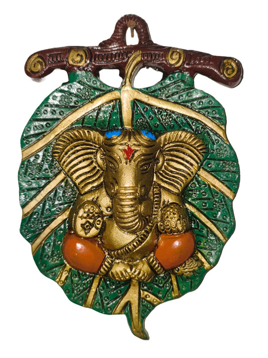 Metal Ganesh Decor Leaf Wall Hanging for Pooja Room or Entryway