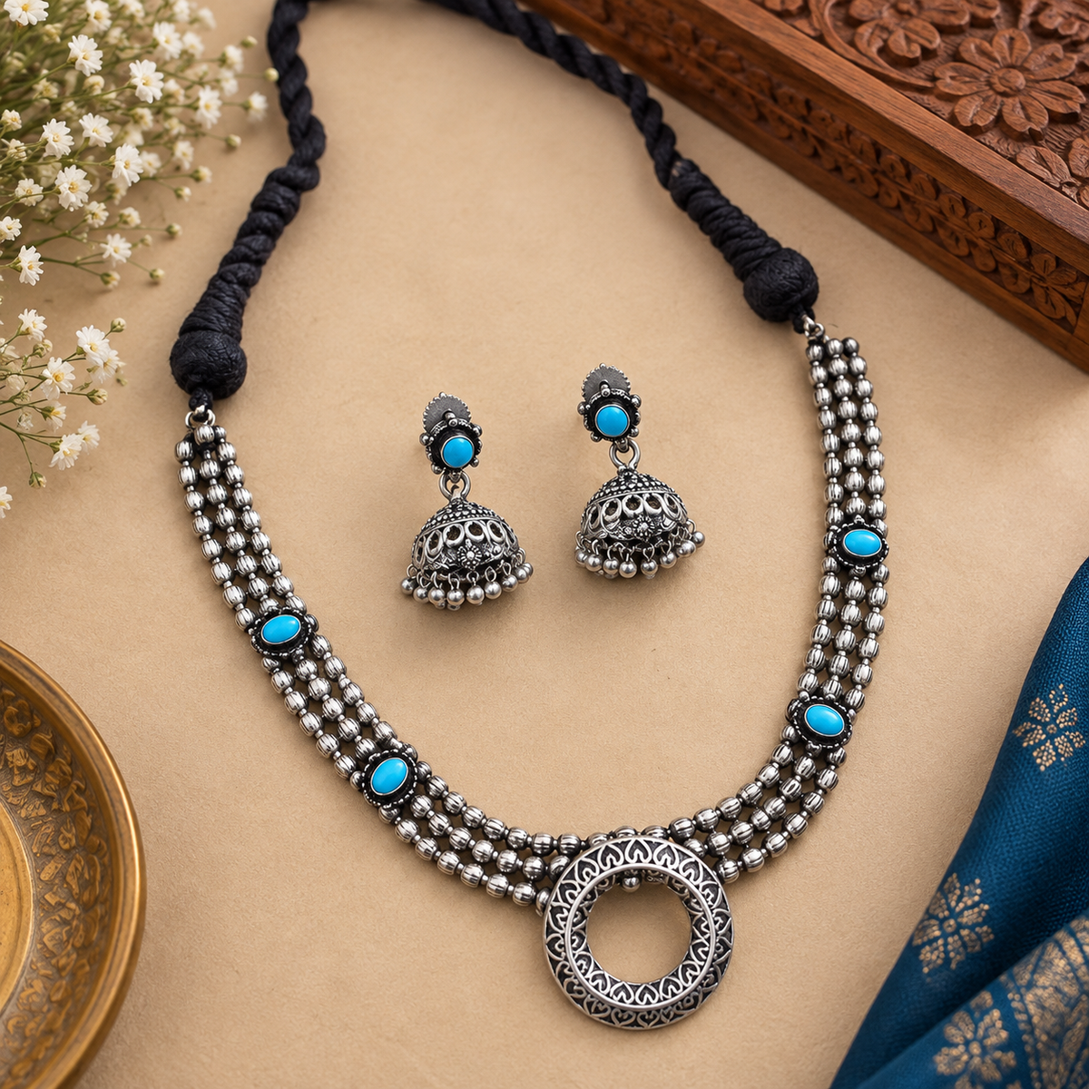 Traditional oxidized necklace with thread tie-back
Adjustable black thread closure for necklace fitting
Matching earrings included in the jewelry set
Antique silver-tone metal alloy design
Decorative stones and beads with handcrafted detailing
Indian-inspired accessory for festivals and celebrations
Uphar Handicrafts