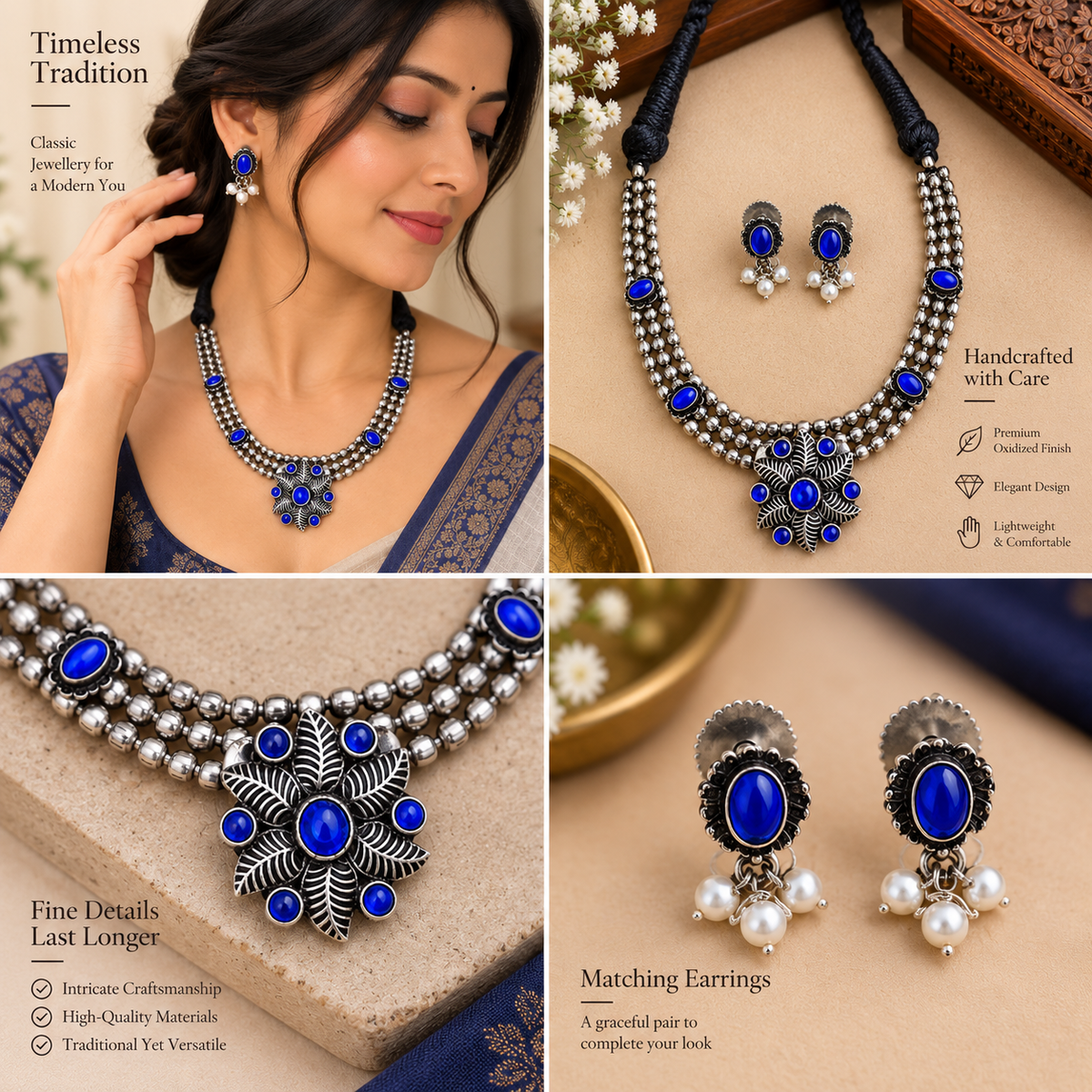 Antique silver-tone oxidized necklace and earrings
Traditional Indian jewelry with handcrafted detailing
Metal alloy necklace with decorative stones
Matching earrings with bead accents
Adjustable black thread tie-back closure
Ethnic necklace set for festivals and special occasions
Uphar Handicrafts