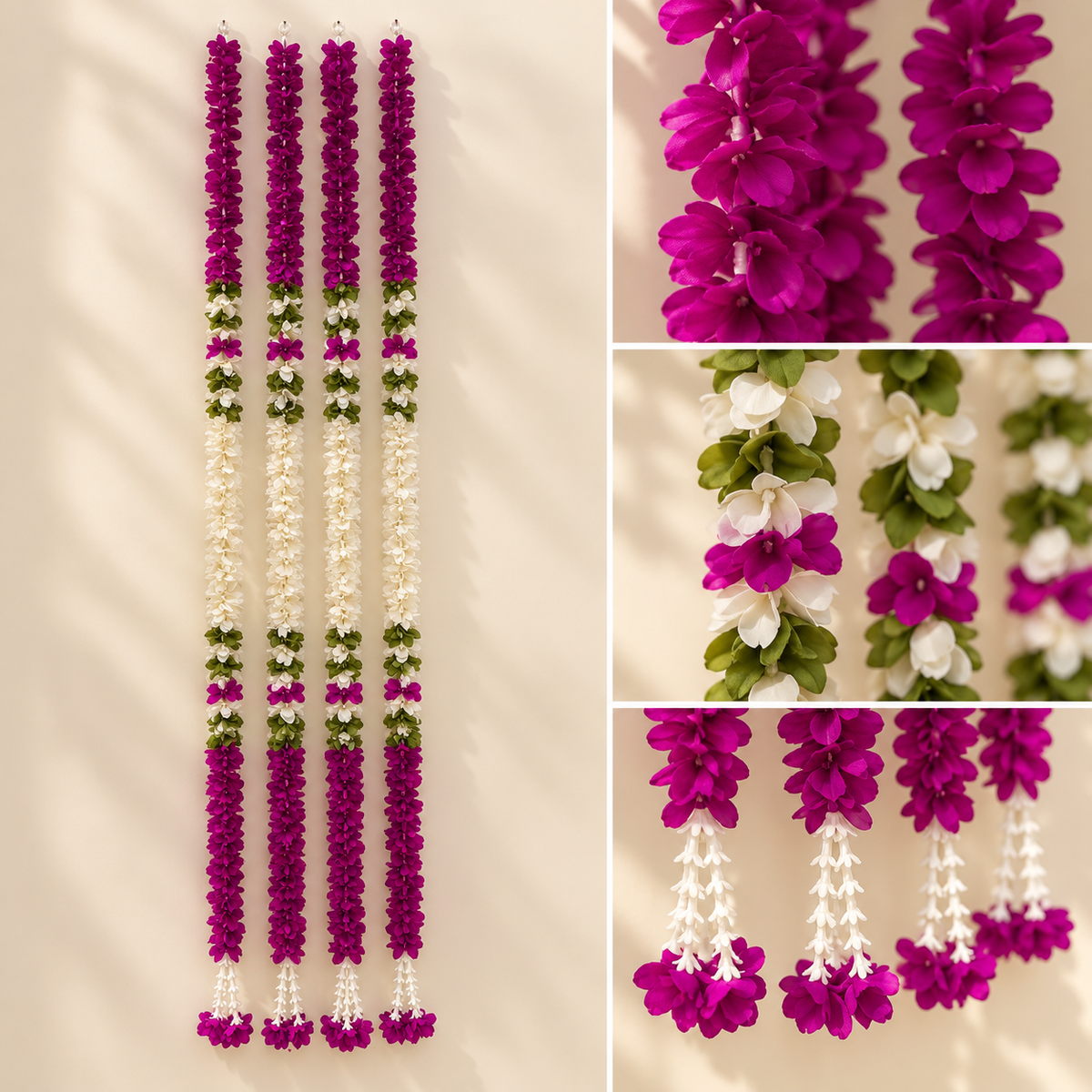 Artificial flower garland for doorway decor
Fabric flowers with leaf detailing
Handcrafted and hand-finished design
Tassel detailing on hanging strands
Five-foot hanging flower garland
Traditional festive Indian-inspired decor
Uphar Handicrafts