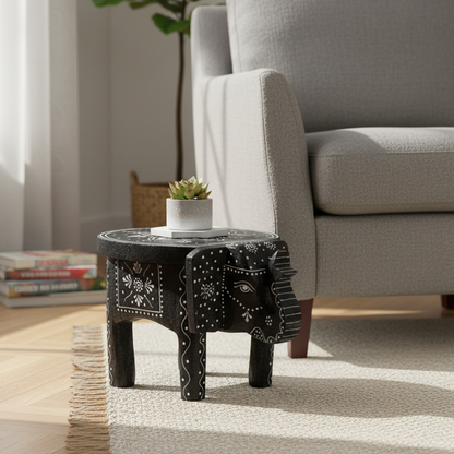 Black Elephant Wooden Stool
Hand-Painted Traditional Indian Elephant Design
Solid Wooden Artisan Craftsmanship
Handcrafted Indian Home Decor Accent
Mini Altar Stand and Candle Holder
Boho and Spiritual Room Decoration
Uphar Handicrafts
